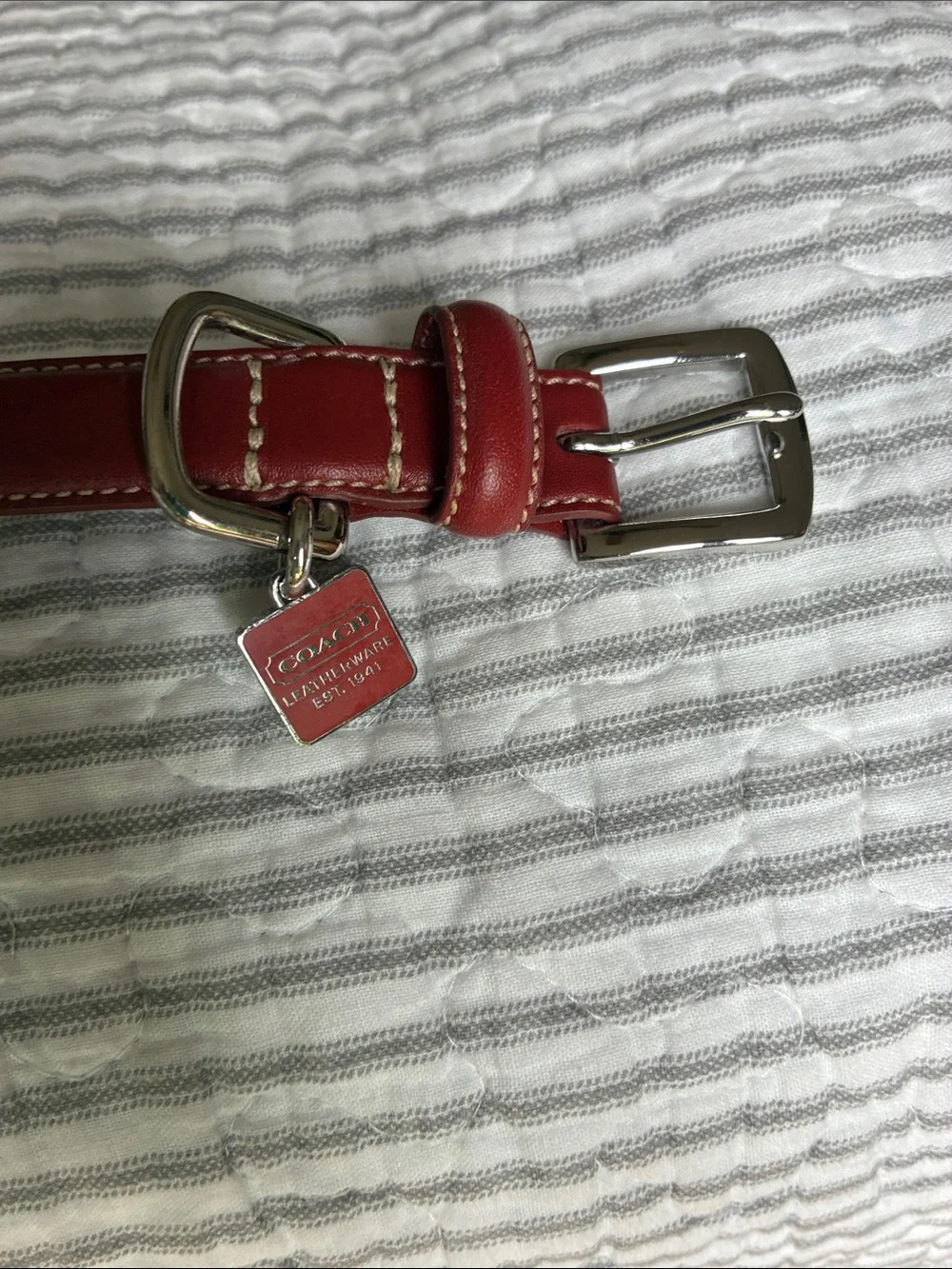 Coach Rare Vintage Sz. MED, Red Leather Grommet Dog Collar, Square Charm w Box
